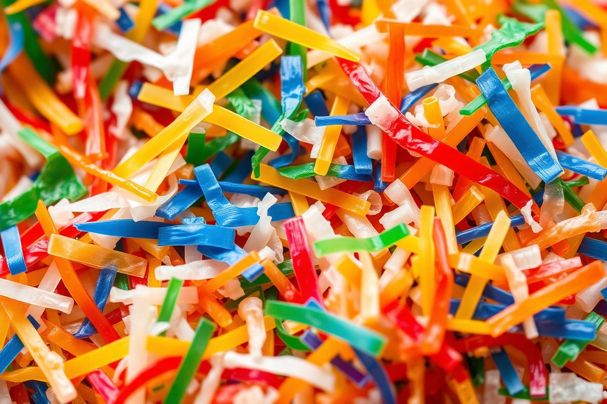 Flocos de plástico reciclado triturado, matéria-prima do processo